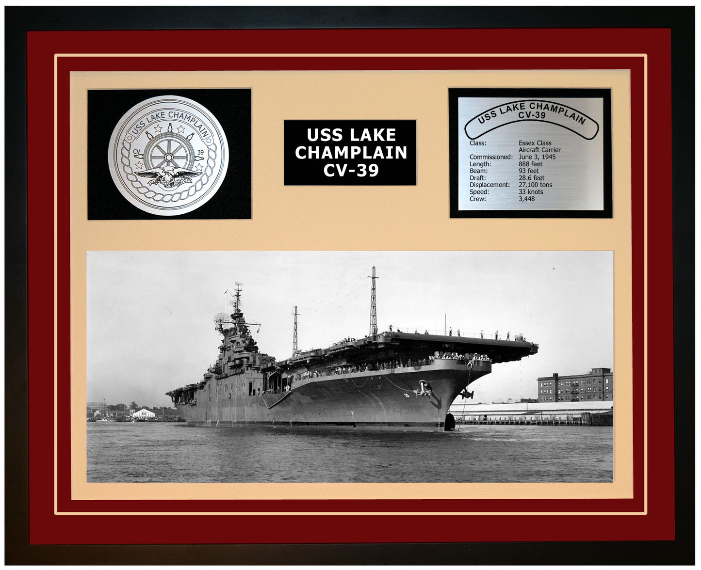 USS LAKE CHAMPLAIN CV-39 Framed Navy Ship Display Burgundy