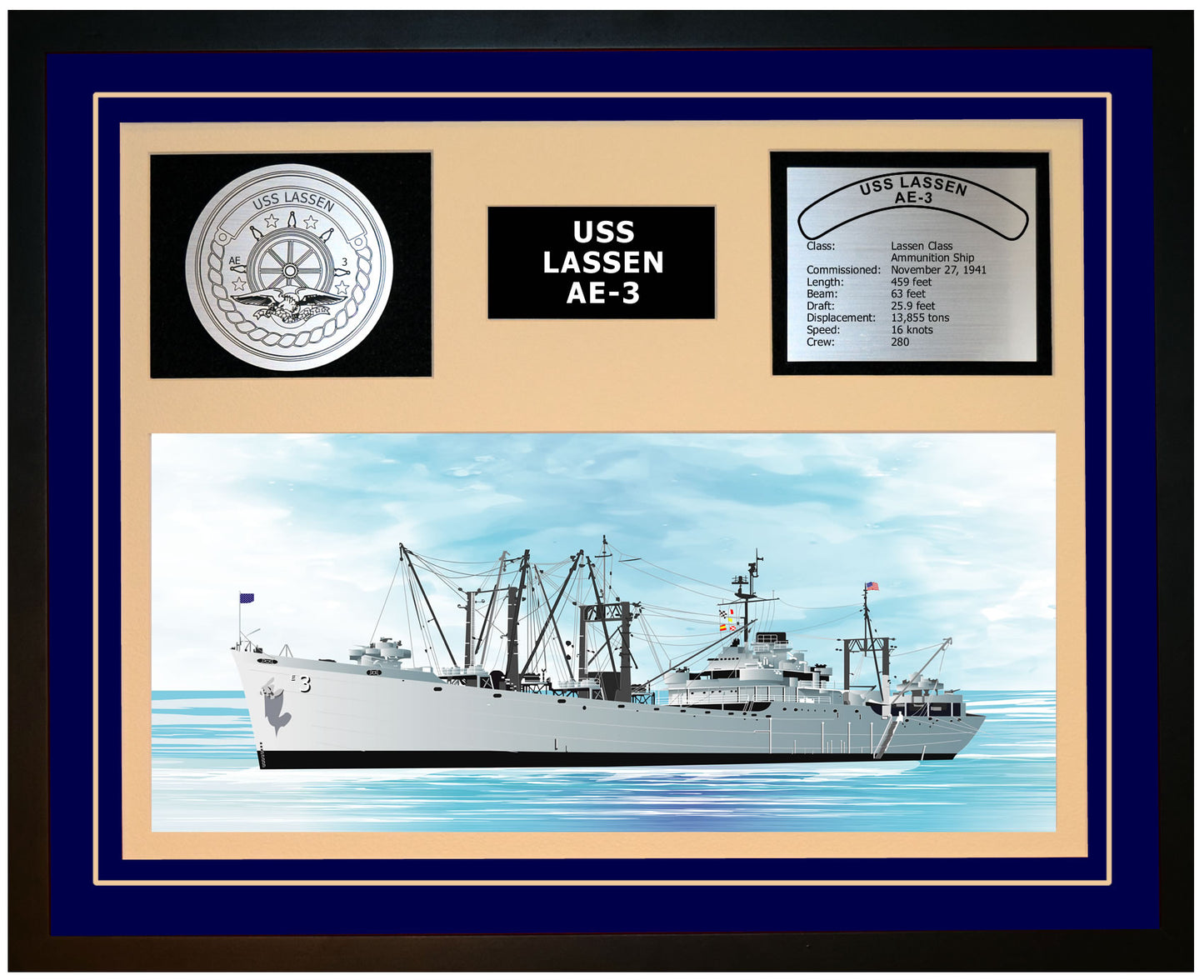 USS LASSEN AE-3 Framed Navy Ship Display Blue
