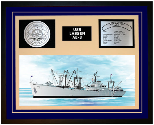 USS LASSEN AE-3 Framed Navy Ship Display Blue