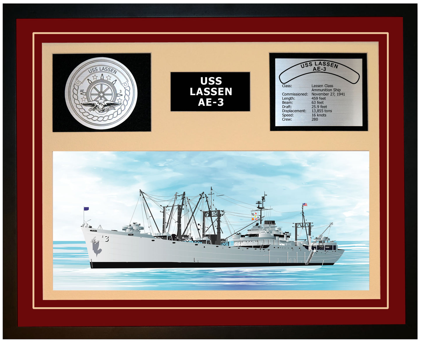 USS LASSEN AE-3 Framed Navy Ship Display Burgundy