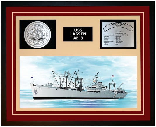 USS LASSEN AE-3 Framed Navy Ship Display Burgundy