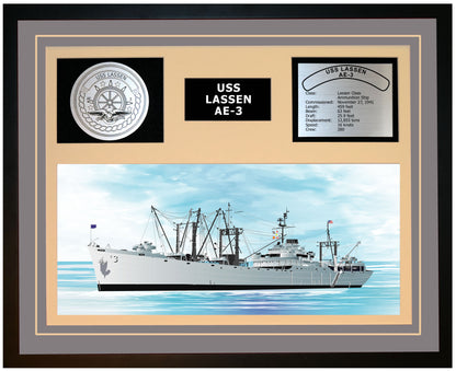 USS LASSEN AE-3 Framed Navy Ship Display Grey