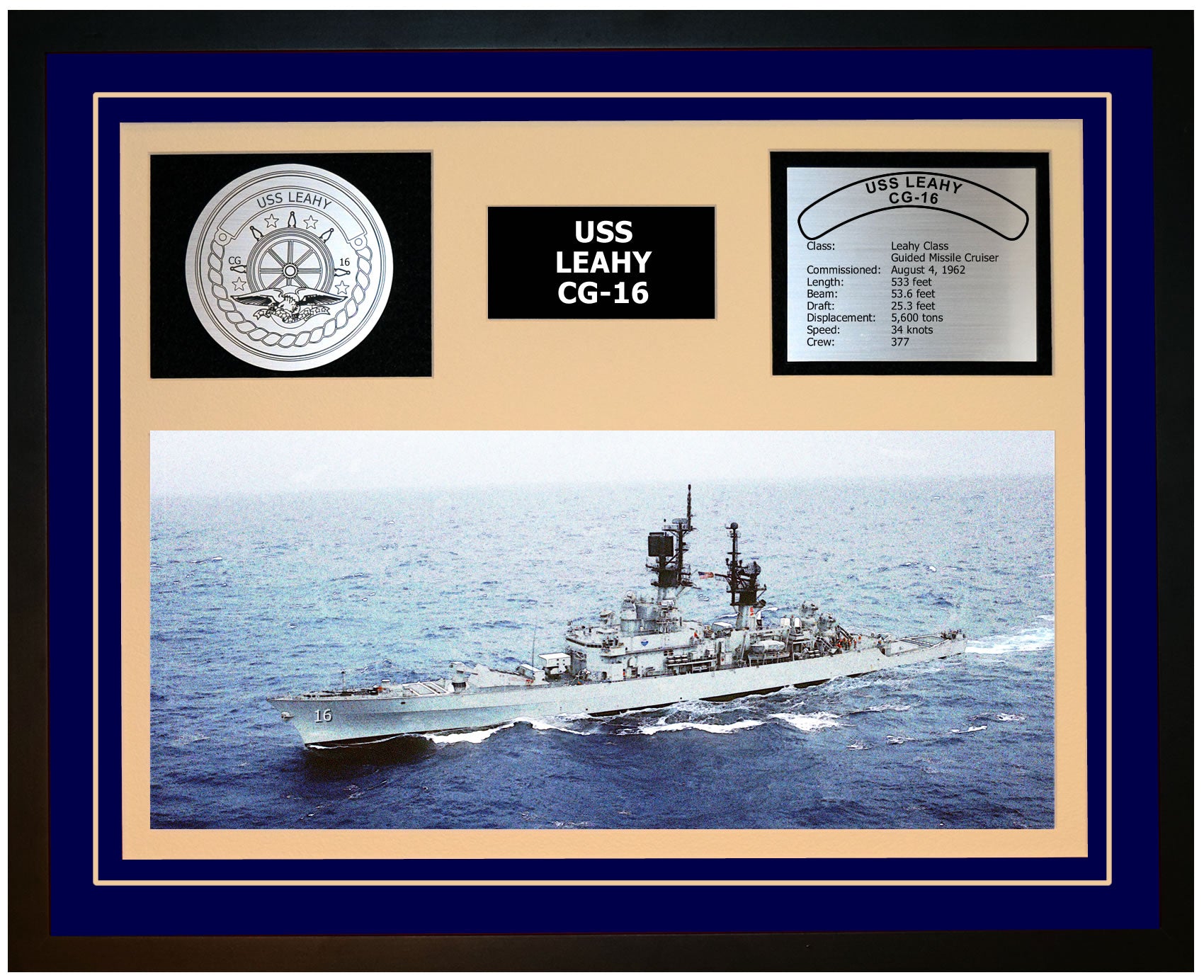 USS LEAHY CG-16 Framed Navy Ship Display Blue