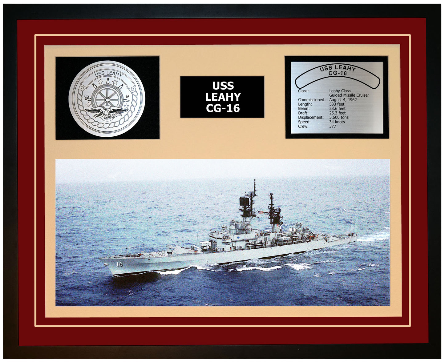 USS LEAHY CG-16 Framed Navy Ship Display Burgundy