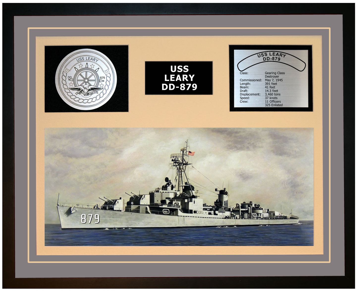 USS LEARY DD-879 Framed Navy Ship Display Grey