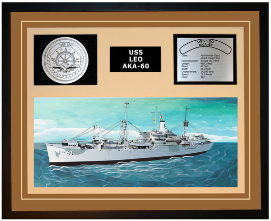 USS LEO AKA-60 Framed Navy Ship Display Brown