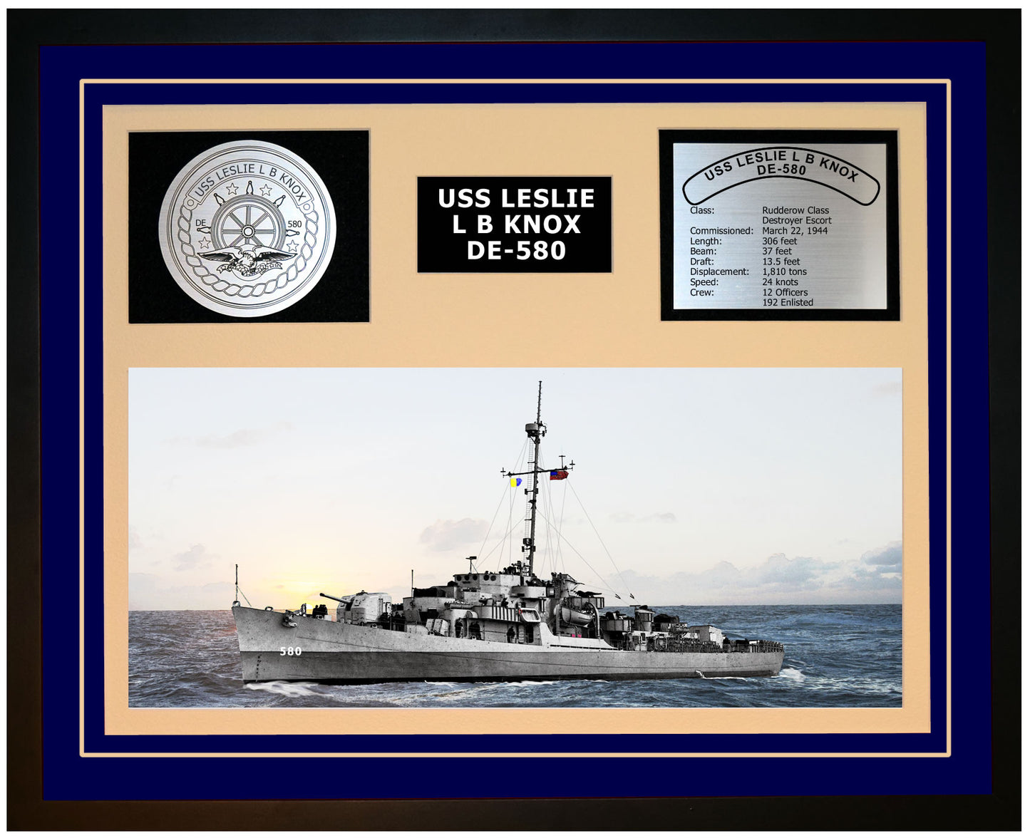 USS LESLIE L B KNOX DE-580 Framed Navy Ship Display Blue