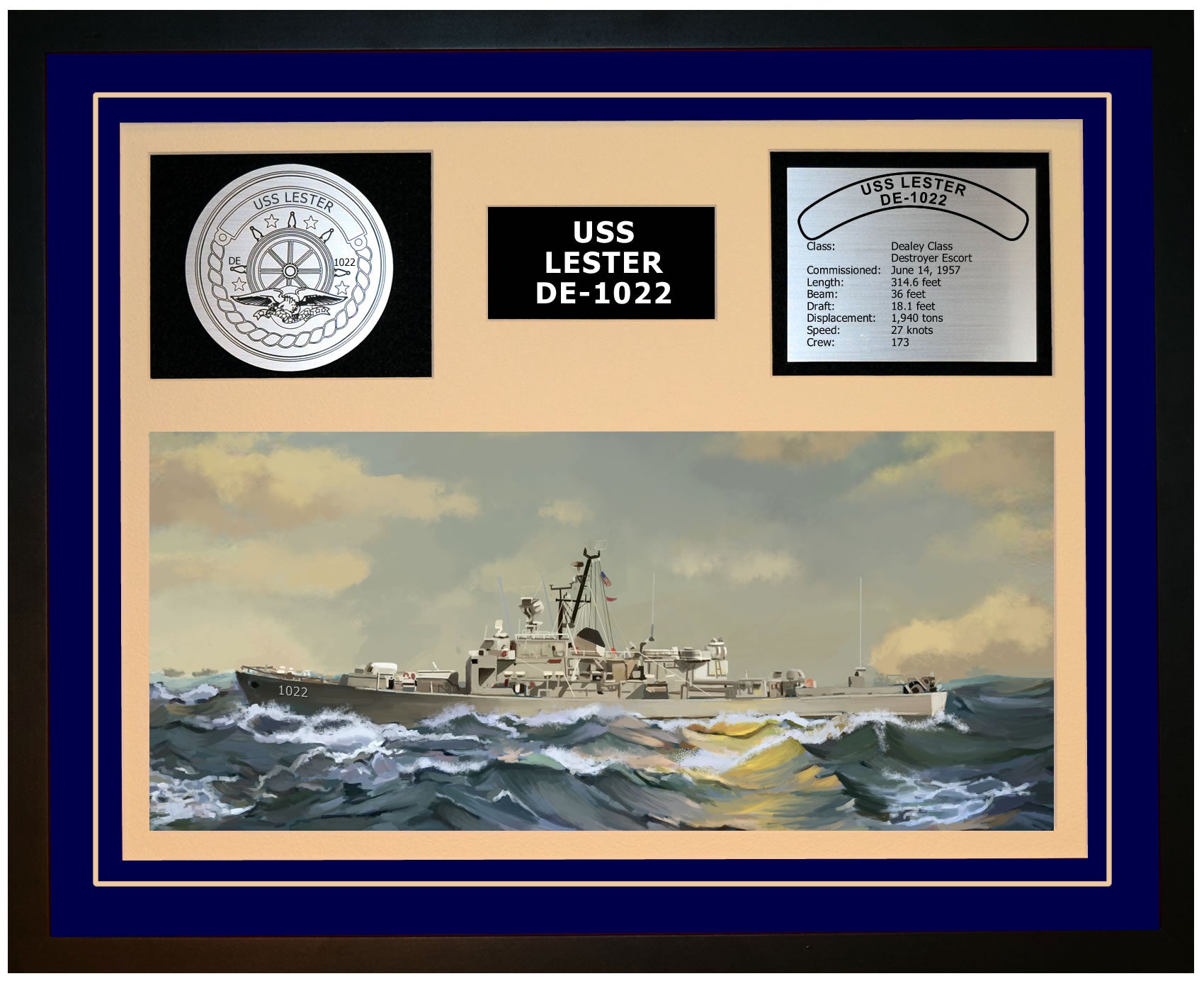 USS LESTER DE-1022 Framed Navy Ship Display Blue