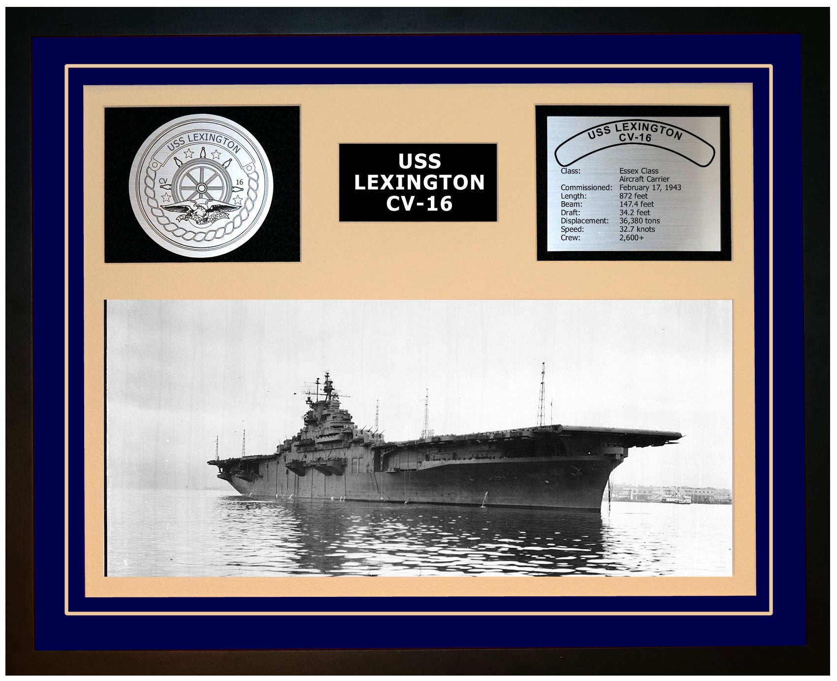 USS LEXINGTON CV-16 Framed Navy Ship Display Blue