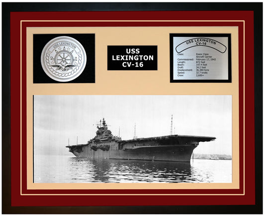 USS LEXINGTON CV-16 Framed Navy Ship Display Burgundy