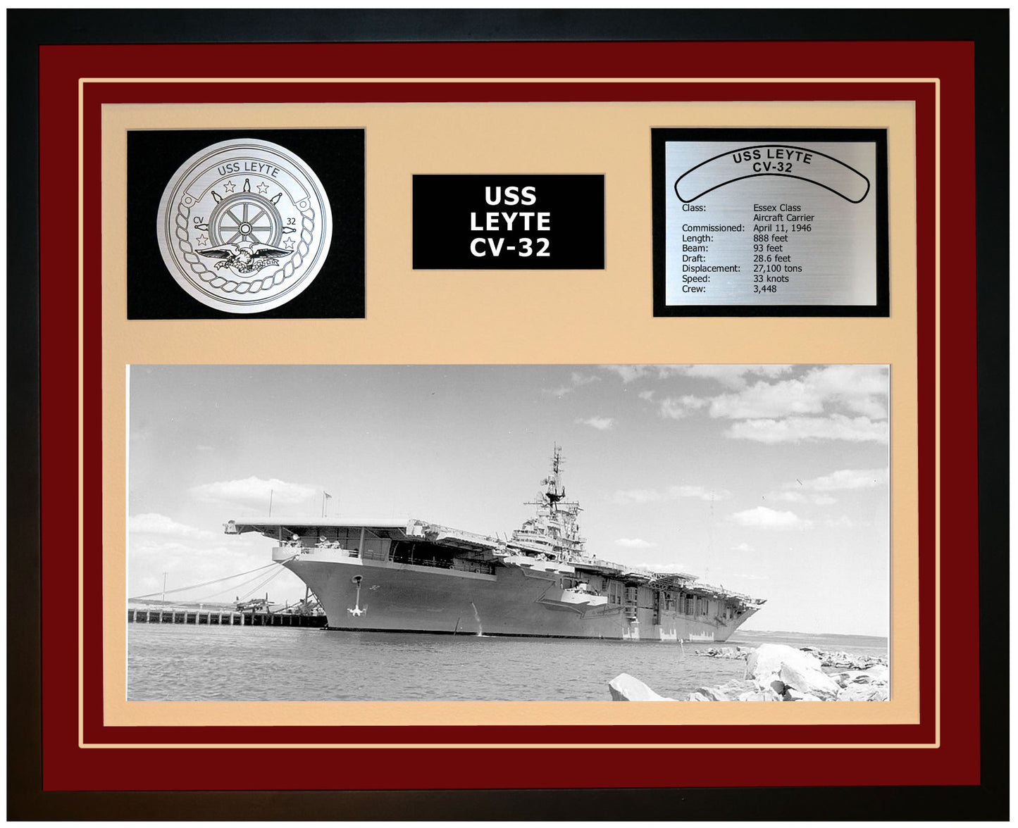 USS LEYTE CV-32 Framed Navy Ship Display Burgundy