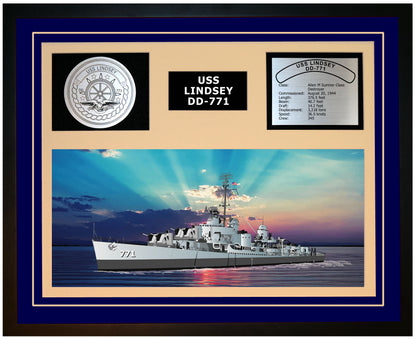 USS LINDSEY DD-771 Framed Navy Ship Display Blue