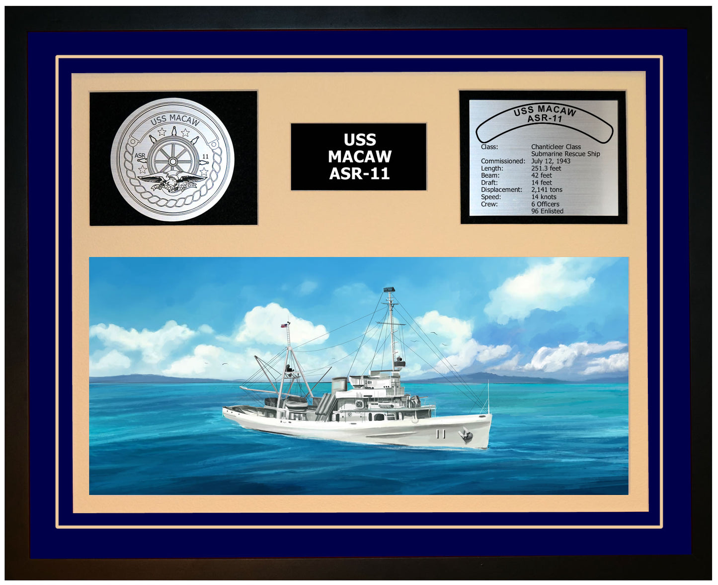 USS MACAW ASR-11 Framed Navy Ship Display Blue