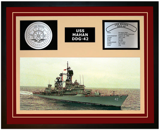 USS MAHAN DDG-42 Framed Navy Ship Display Burgundy