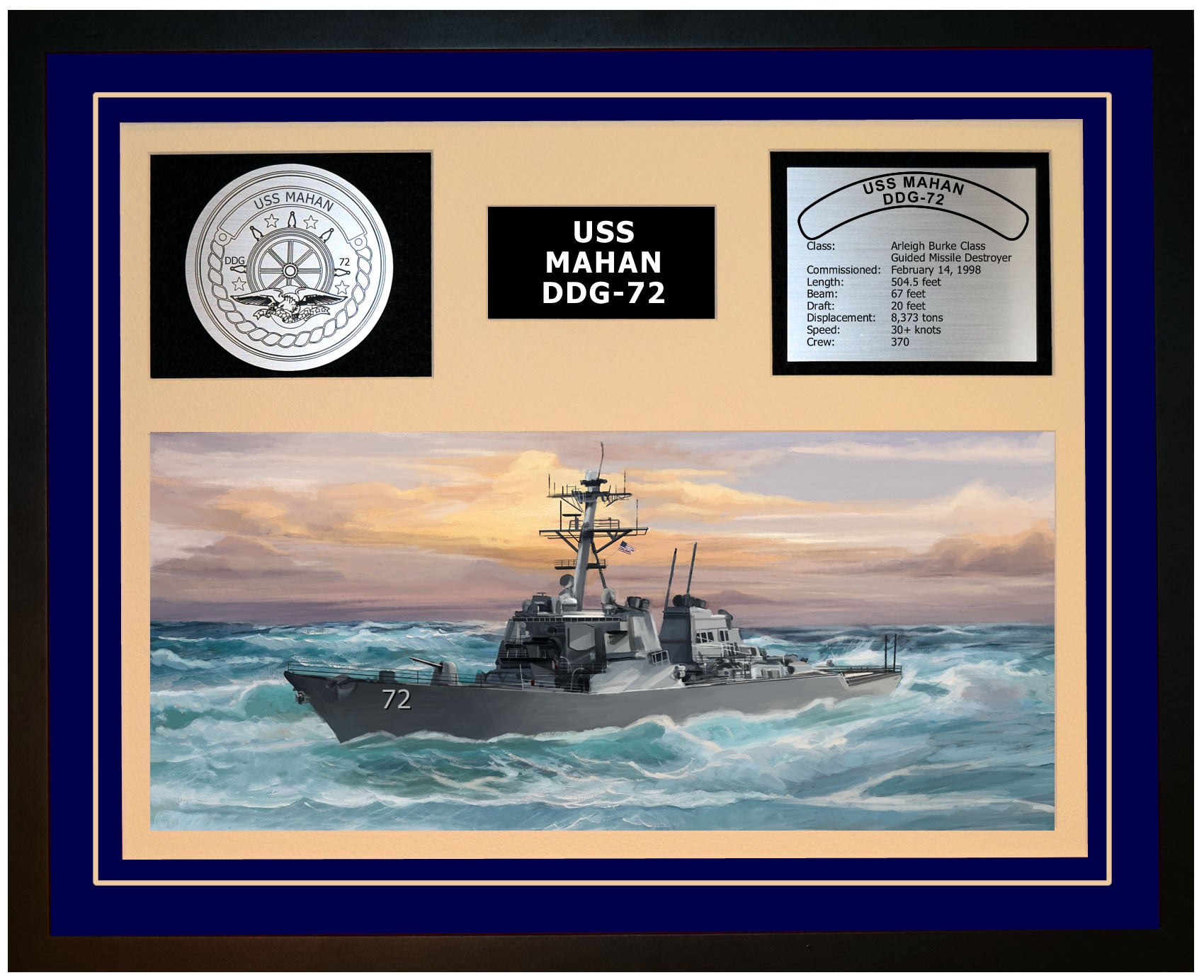 USS MAHAN DDG-72 Framed Navy Ship Display Blue