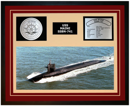 USS MAINE SSBN-741 Framed Navy Ship Display Burgundy
