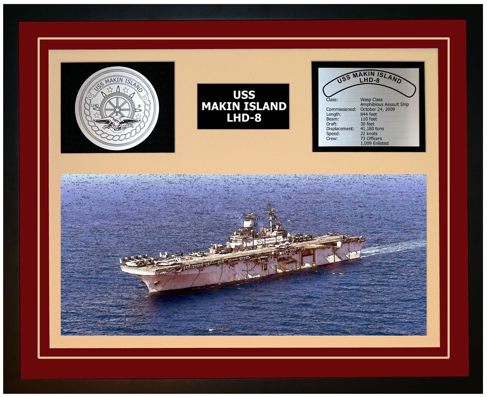 USS MAKIN ISLAND LHD-8 Framed Navy Ship Display Burgundy