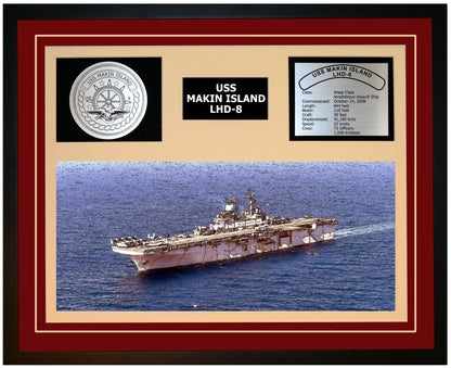USS MAKIN ISLAND LHD-8 Framed Navy Ship Display Burgundy