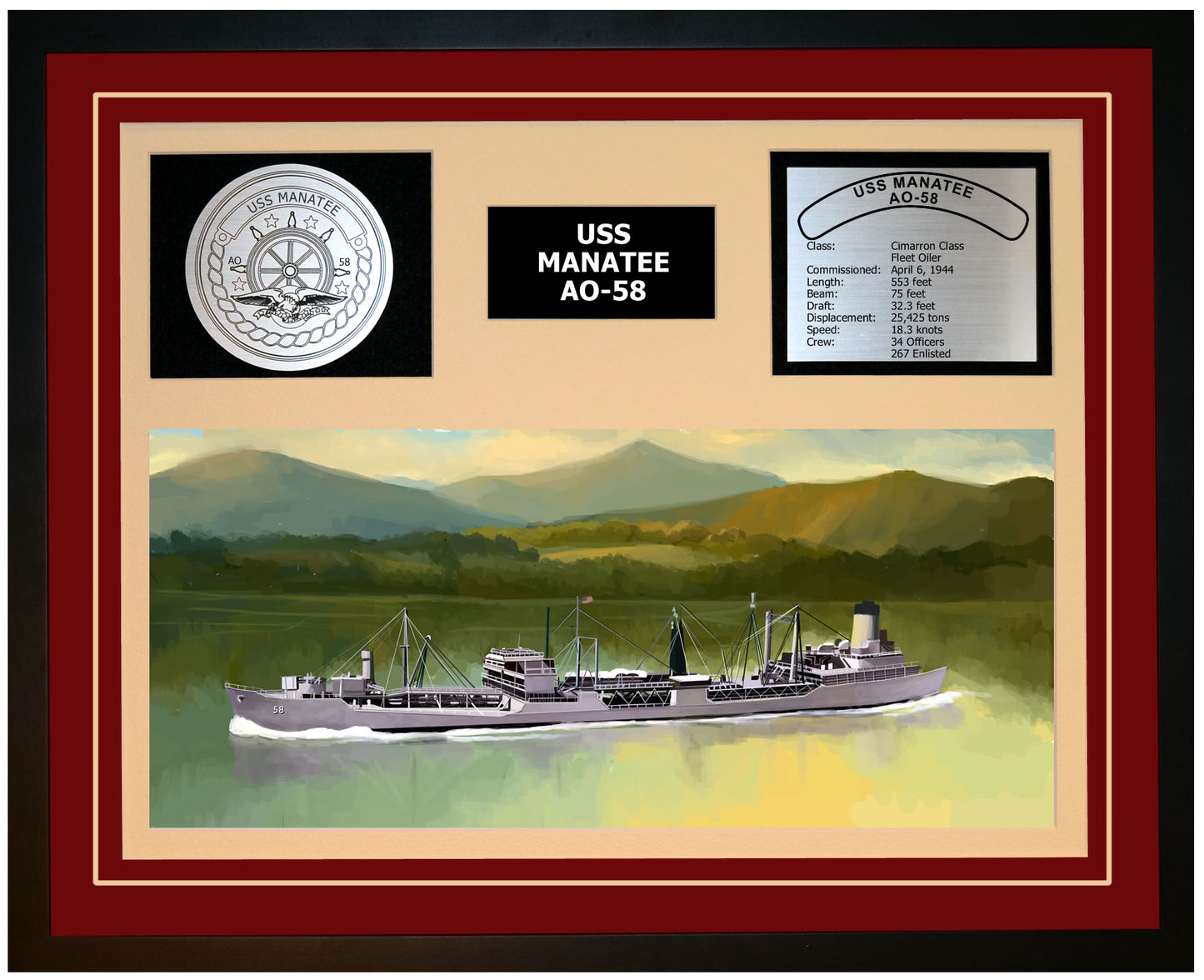 USS MANATEE AO-58 Framed Navy Ship Display Burgundy