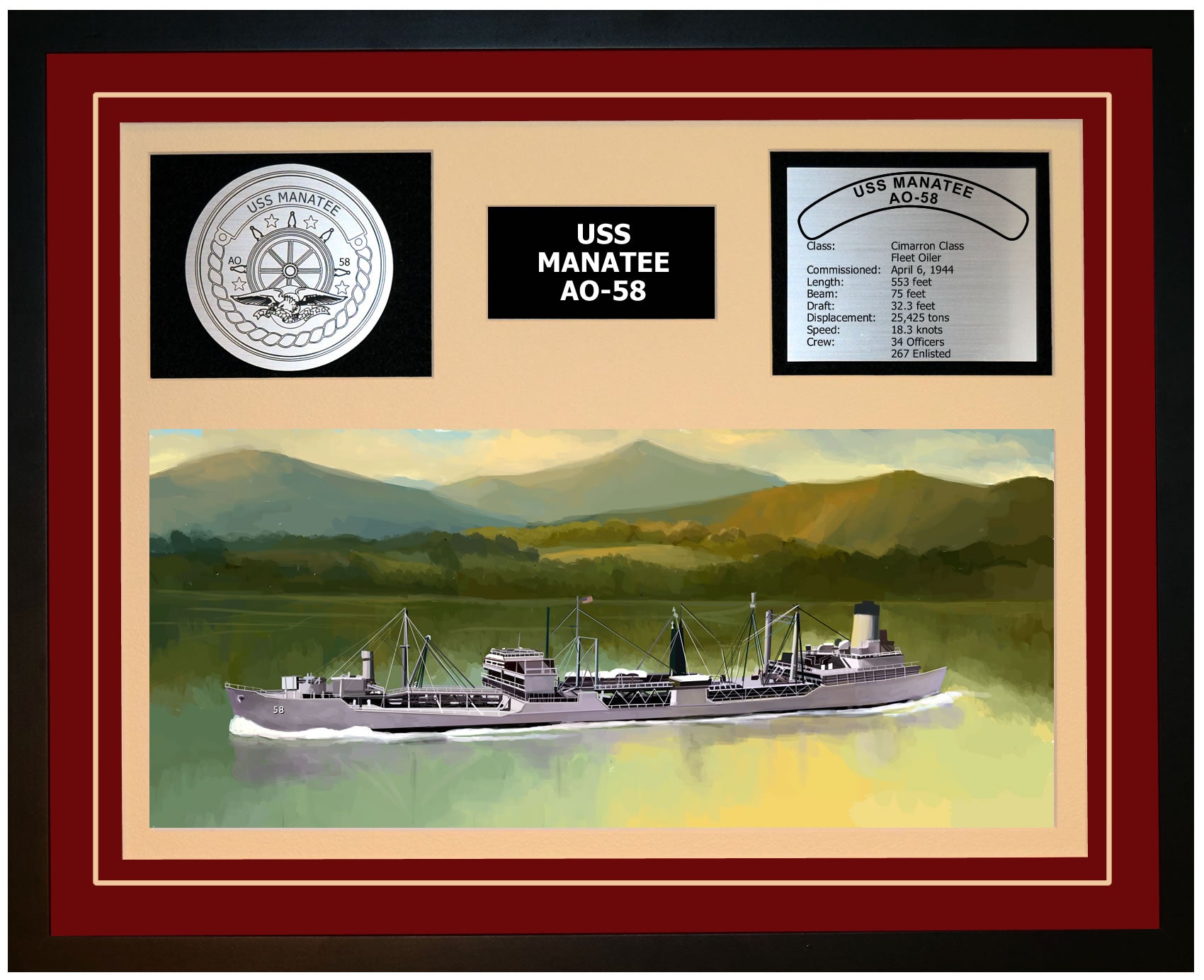 USS MANATEE AO-58 Framed Navy Ship Display Burgundy