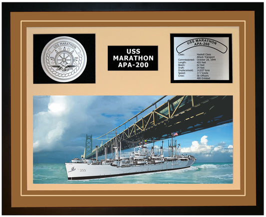 USS MARATHON APA-200 Framed Navy Ship Display Brown