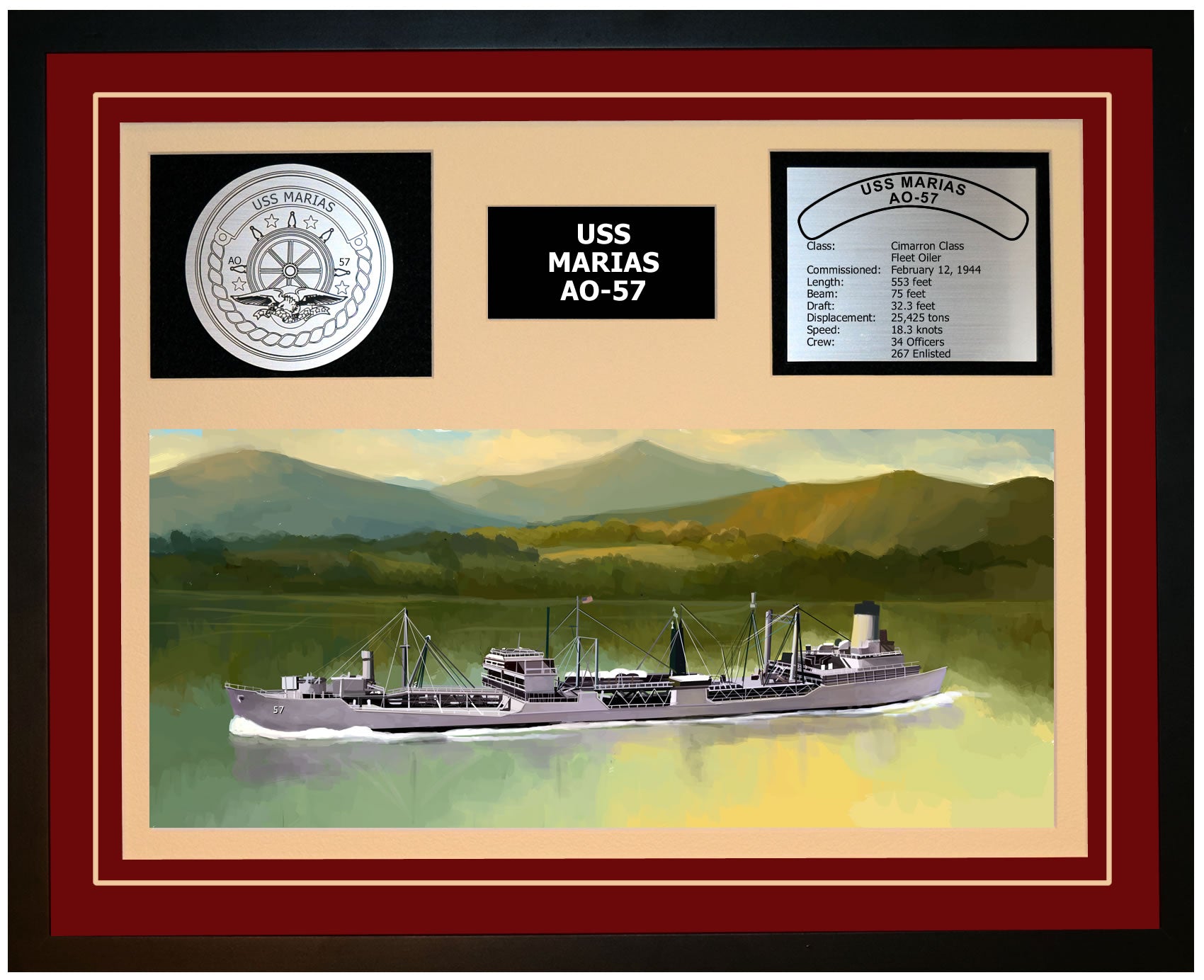 USS MARIAS AO-57 Framed Navy Ship Display Burgundy