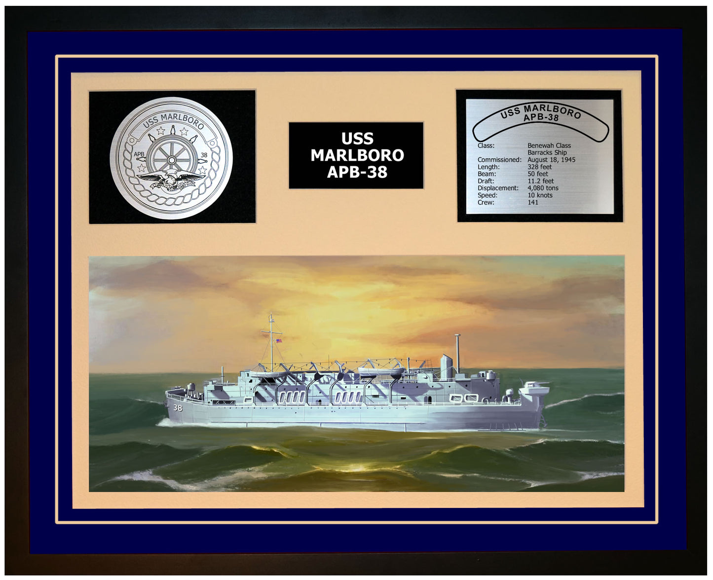 USS MARLBORO APB-38 Framed Navy Ship Display Blue