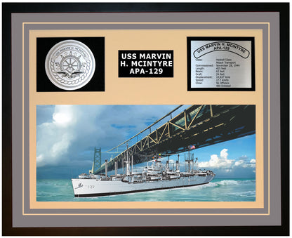 USS MARVIN H. MCINTYRE APA-129 Framed Navy Ship Display Grey