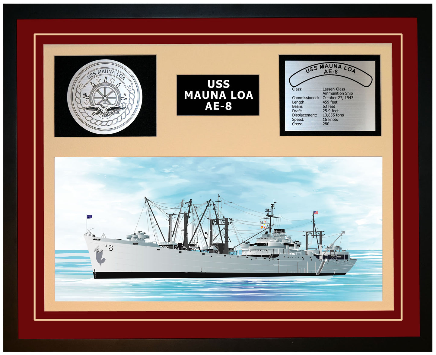 USS MAUNA LOA AE-8 Framed Navy Ship Display Burgundy