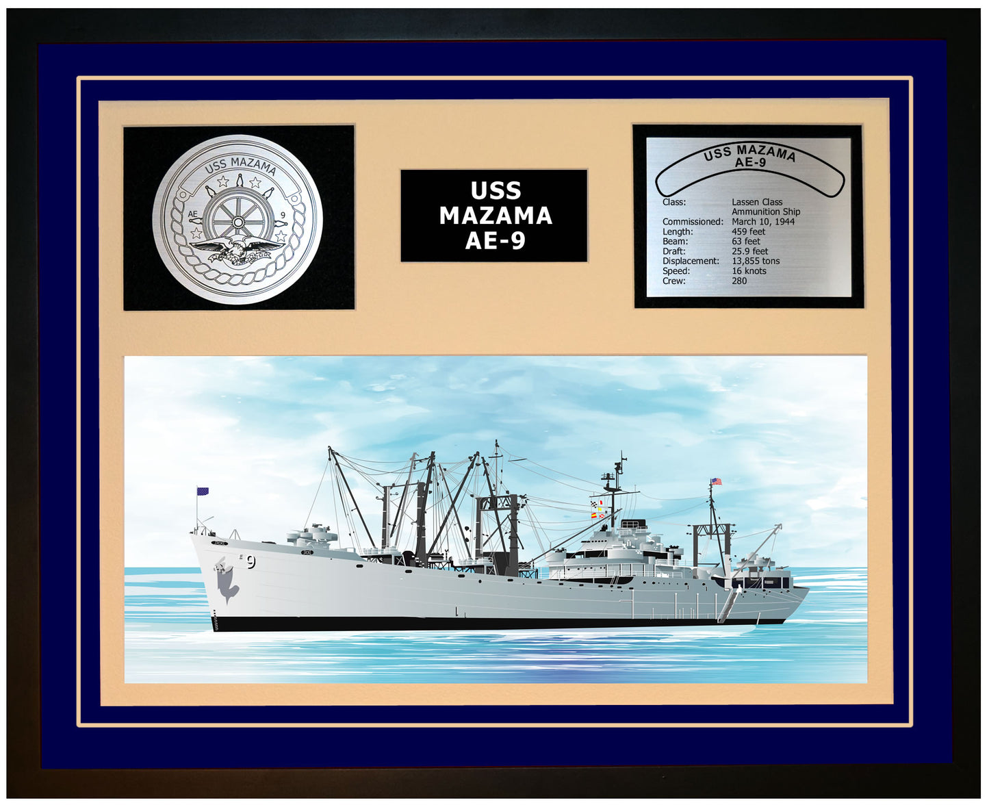 USS MAZAMA AE-9 Framed Navy Ship Display Blue
