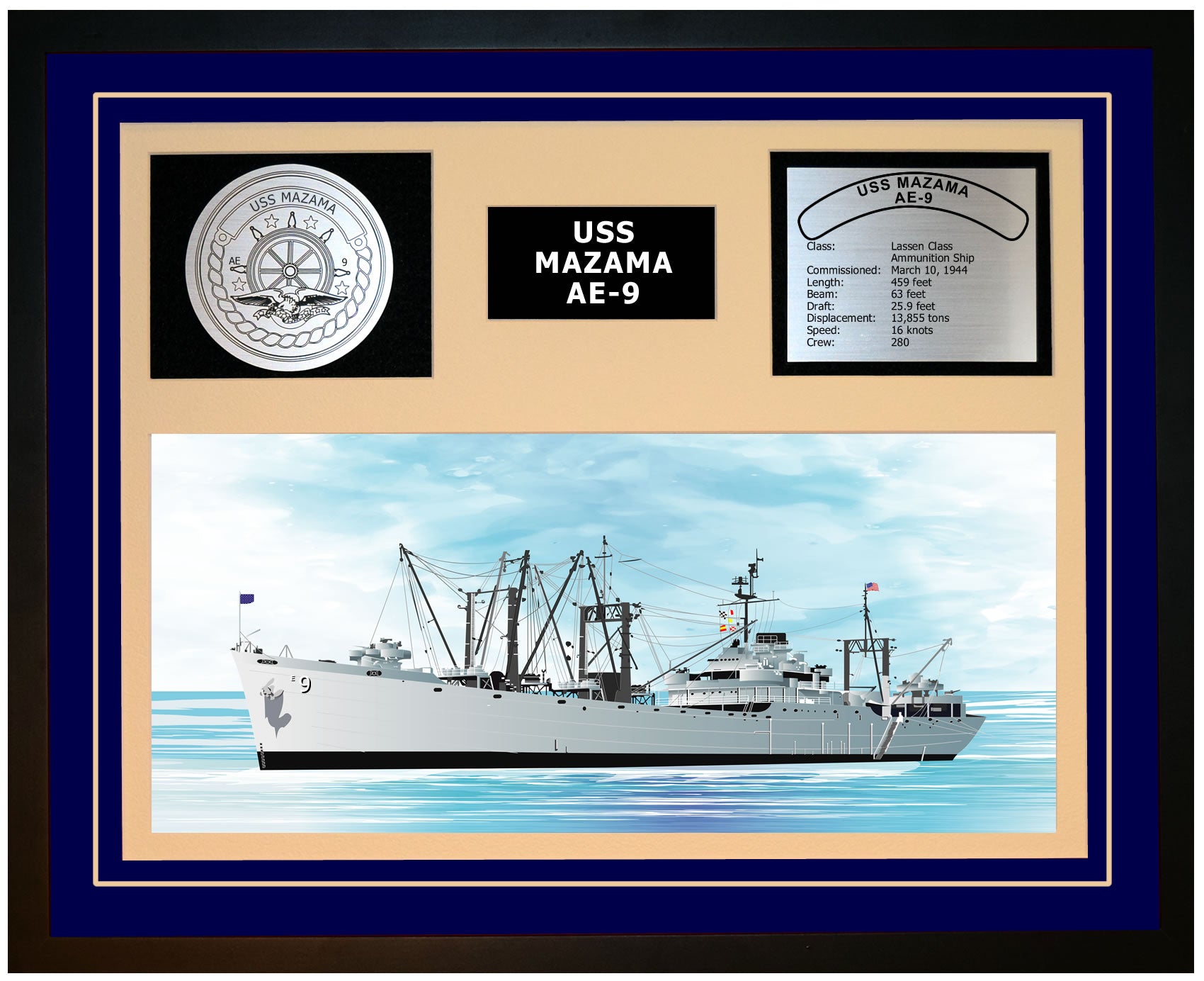 USS MAZAMA AE-9 Framed Navy Ship Display Burgundy