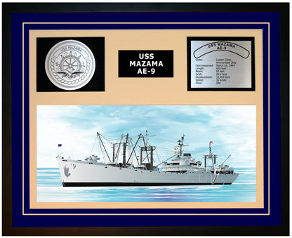 USS MAZAMA AE-9 Framed Navy Ship Display Burgundy
