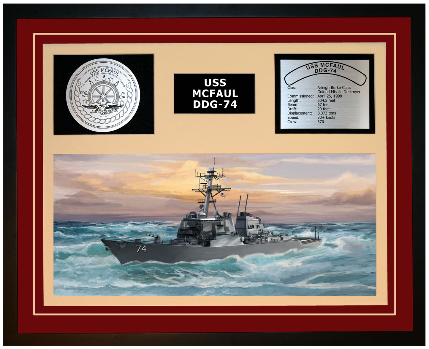 USS MCFAUL DDG-74 Framed Navy Ship Display Burgundy