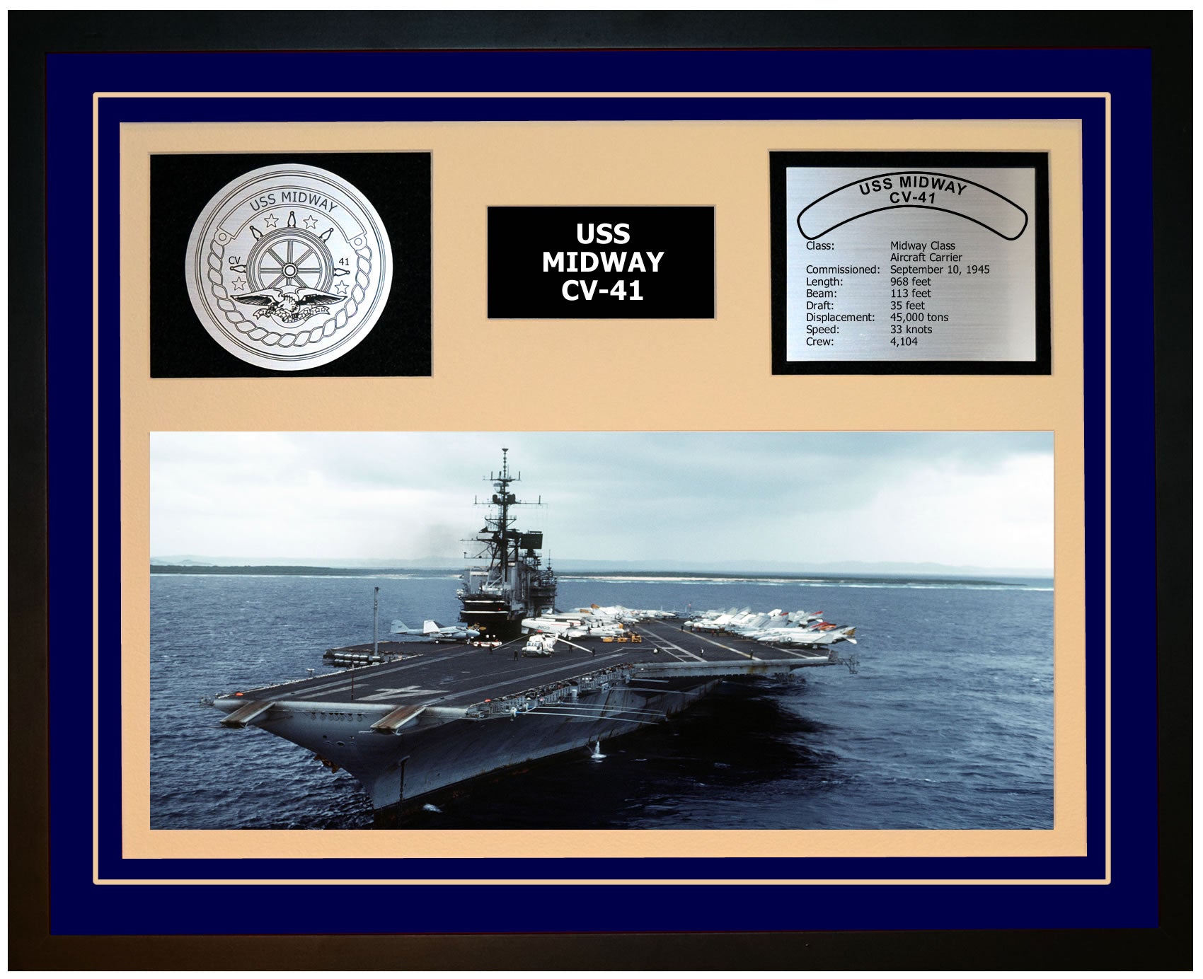 USS MIDWAY CV-41 Framed Navy Ship Display Blue