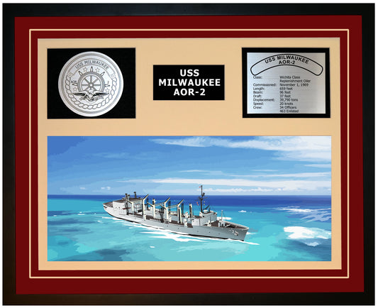USS MILWAUKEE AOR-2 Framed Navy Ship Display Burgundy