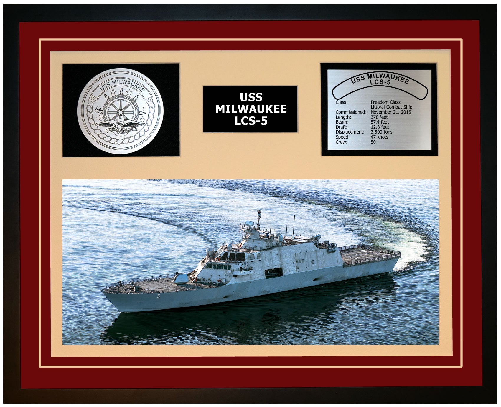 USS MILWAUKEE LCS-5 Framed Navy Ship Display Burgundy