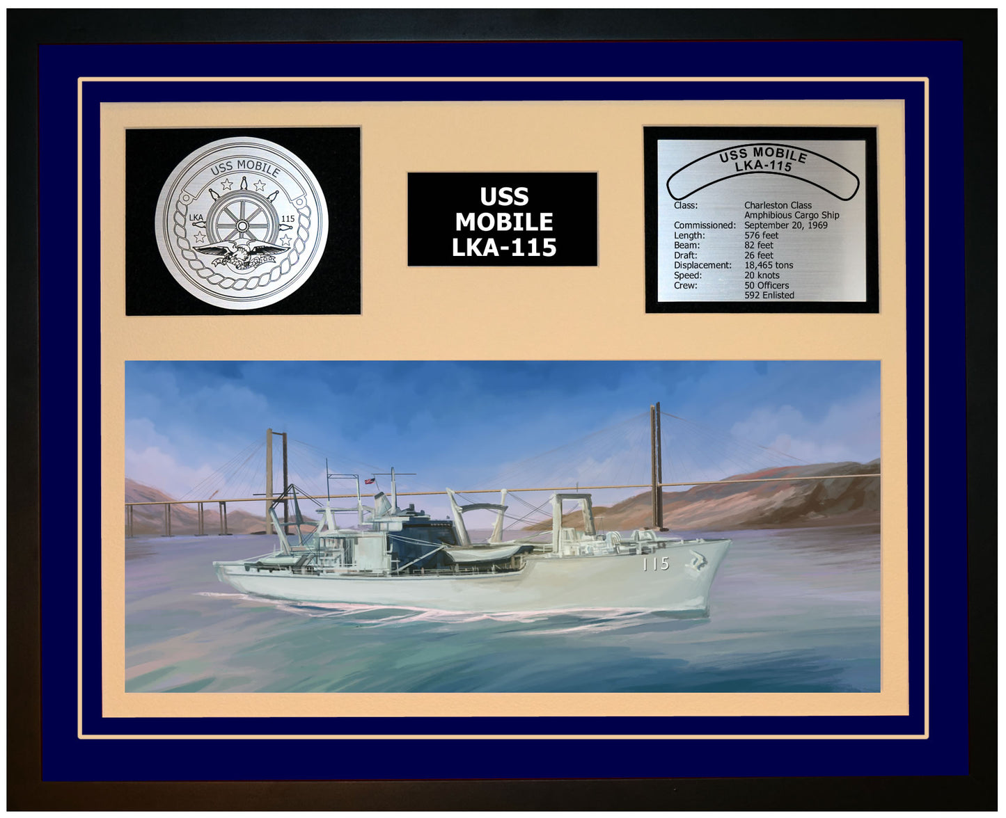 USS MOBILE LKA-115 Framed Navy Ship Display Blue