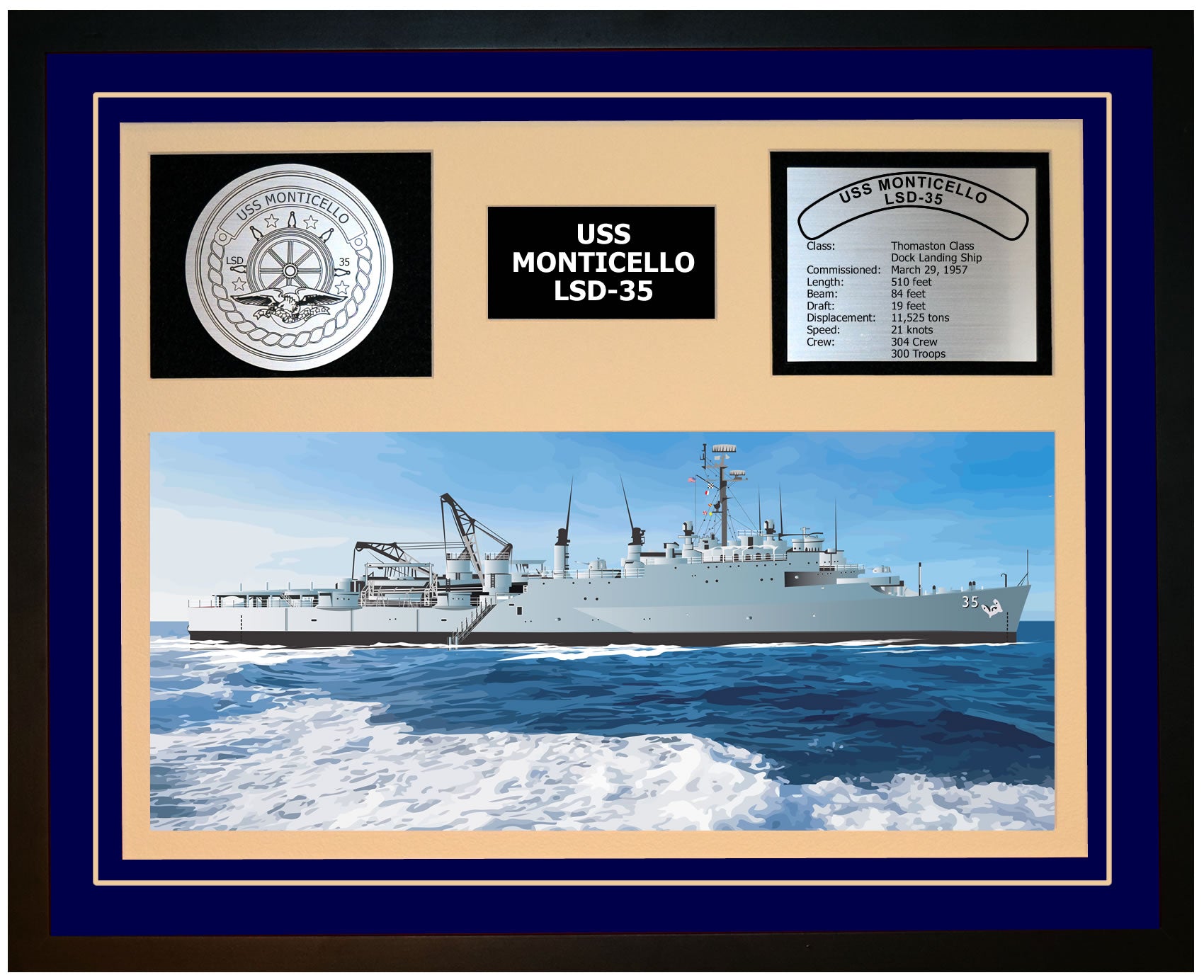 USS MONTICELLO LSD-35 Framed Navy Ship Display Blue