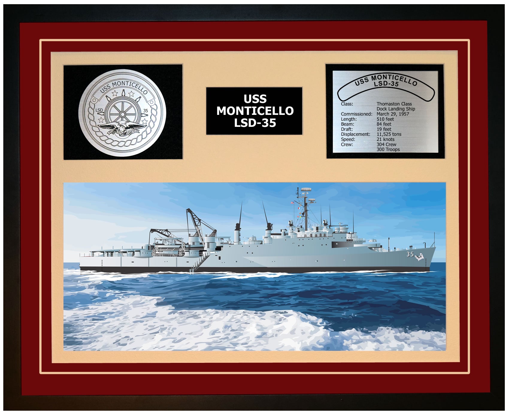 USS MONTICELLO LSD-35 Framed Navy Ship Display Burgundy