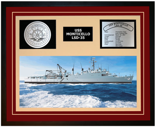 USS MONTICELLO LSD-35 Framed Navy Ship Display Burgundy