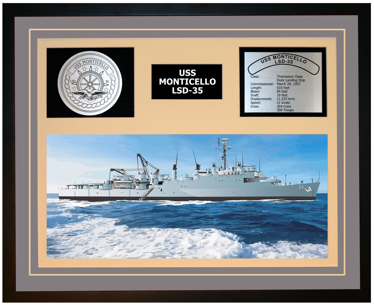 USS MONTICELLO LSD-35 Framed Navy Ship Display Grey