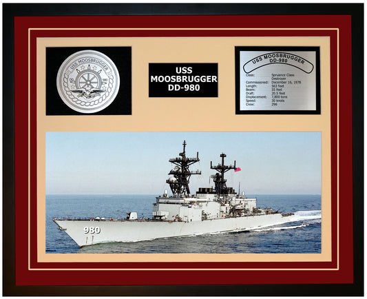 USS MOOSBRUGGER DD-980 Framed Navy Ship Display Burgundy