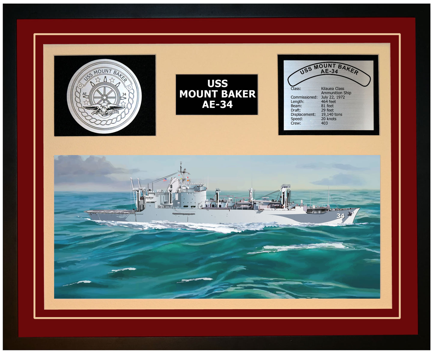 USS MOUNT BAKER AE-34 Framed Navy Ship Display Burgundy