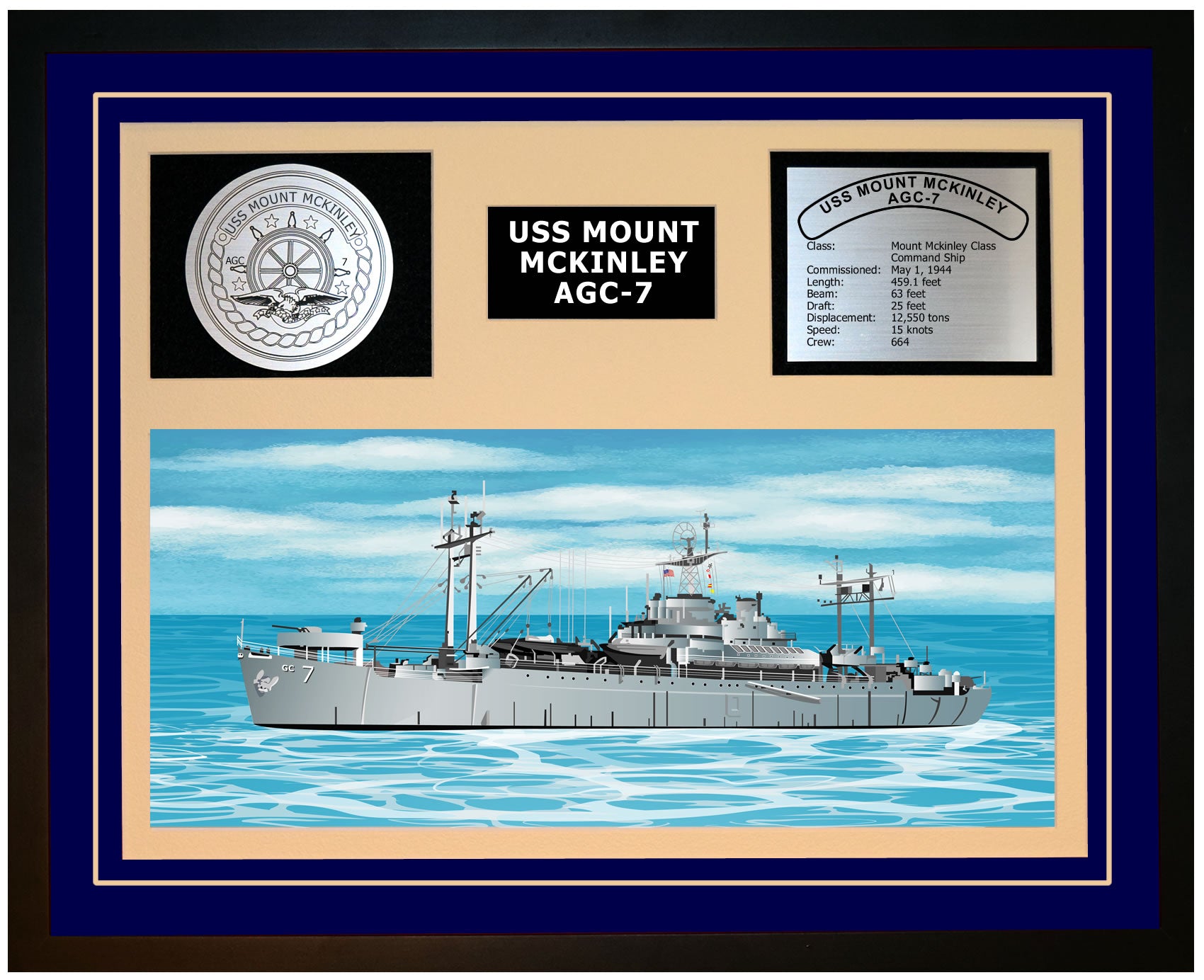 USS MOUNT MCKINLEY AGC-7 Framed Navy Ship Display Blue