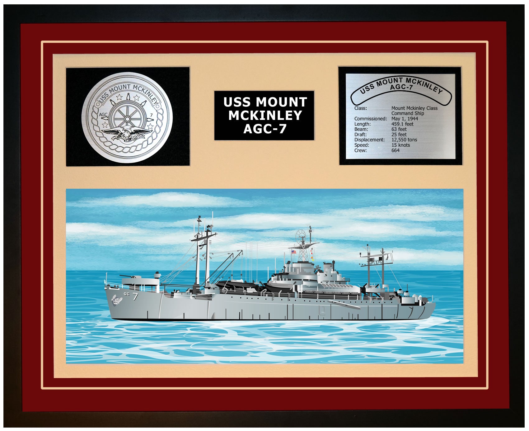 USS MOUNT MCKINLEY AGC-7 Framed Navy Ship Display Burgundy