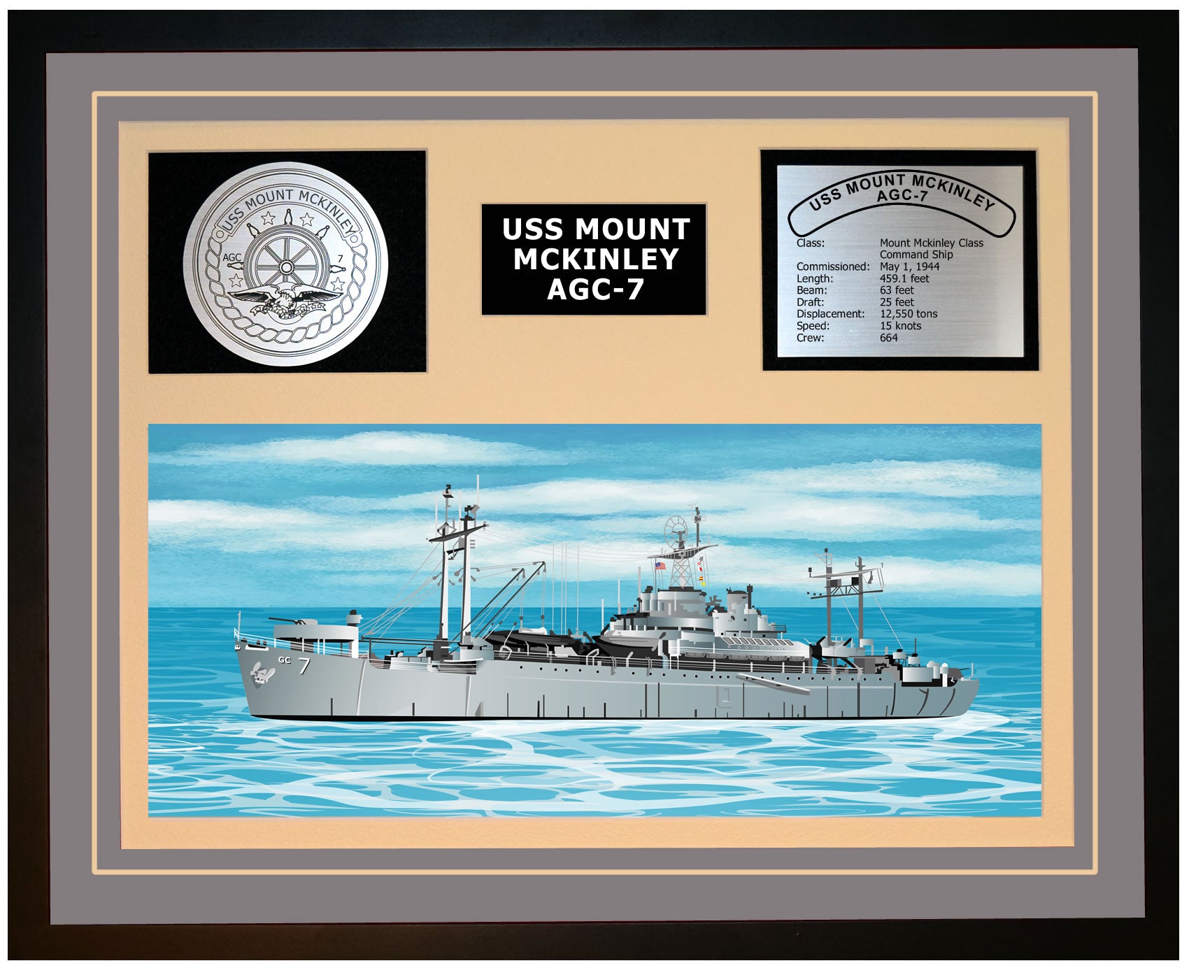 【16】米国海軍 USS MOUNT MCKINLEY AGC-7 木製プラーク USS MOUNT MCKINLEY AGC-7 Framed Navy Ship Display Burgundy – Navy