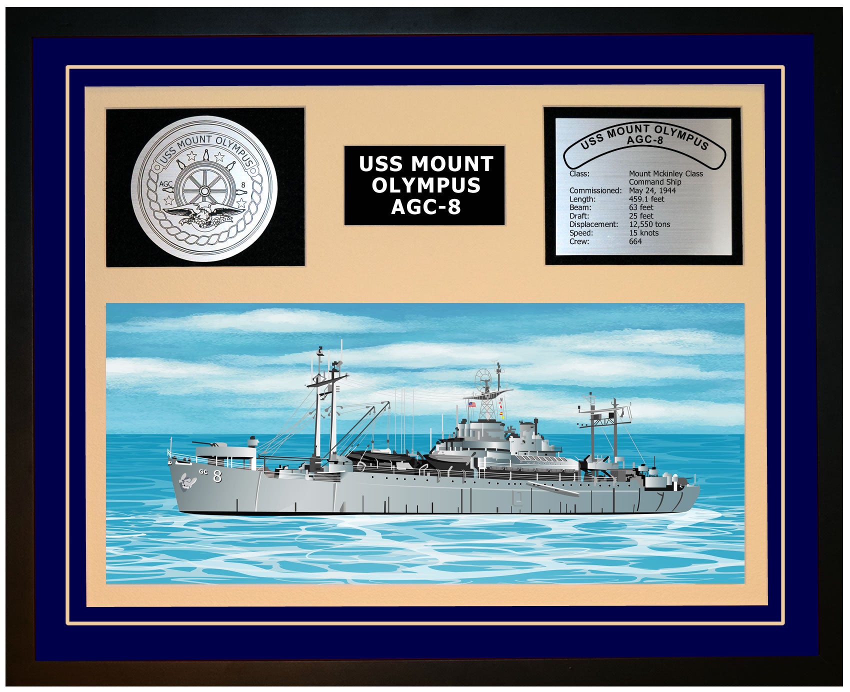 USS MOUNT OLYMPUS AGC-8 Framed Navy Ship Display Blue