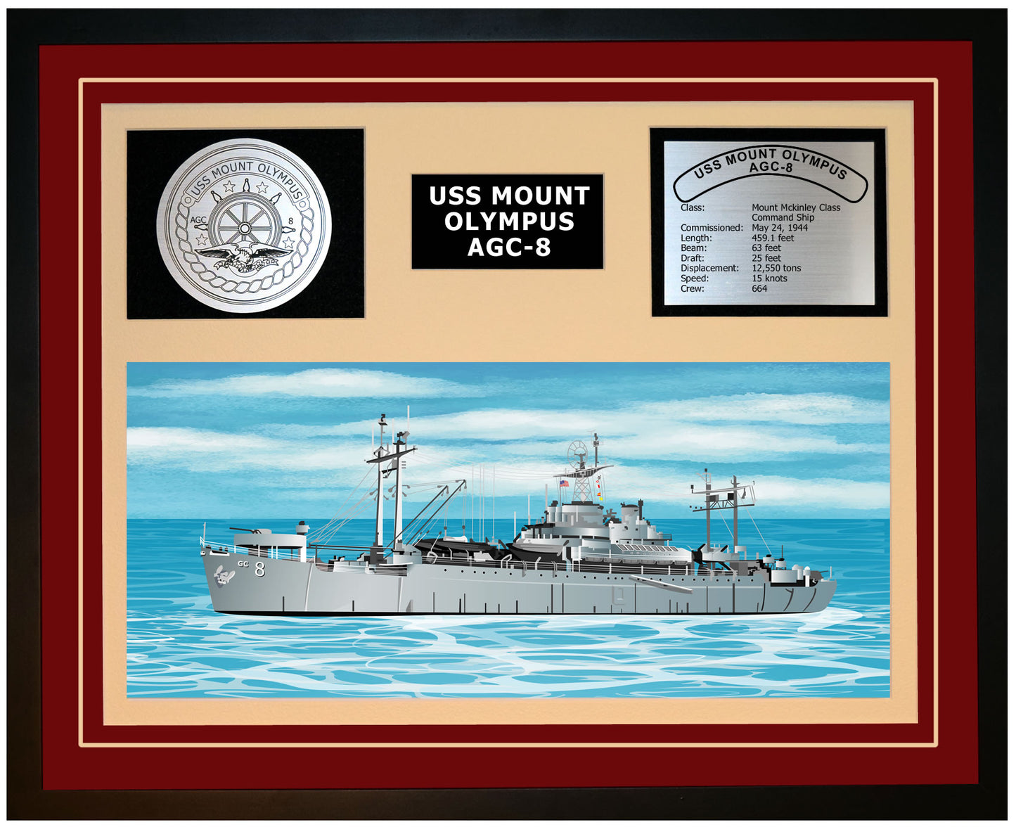 USS MOUNT OLYMPUS AGC-8 Framed Navy Ship Display Burgundy