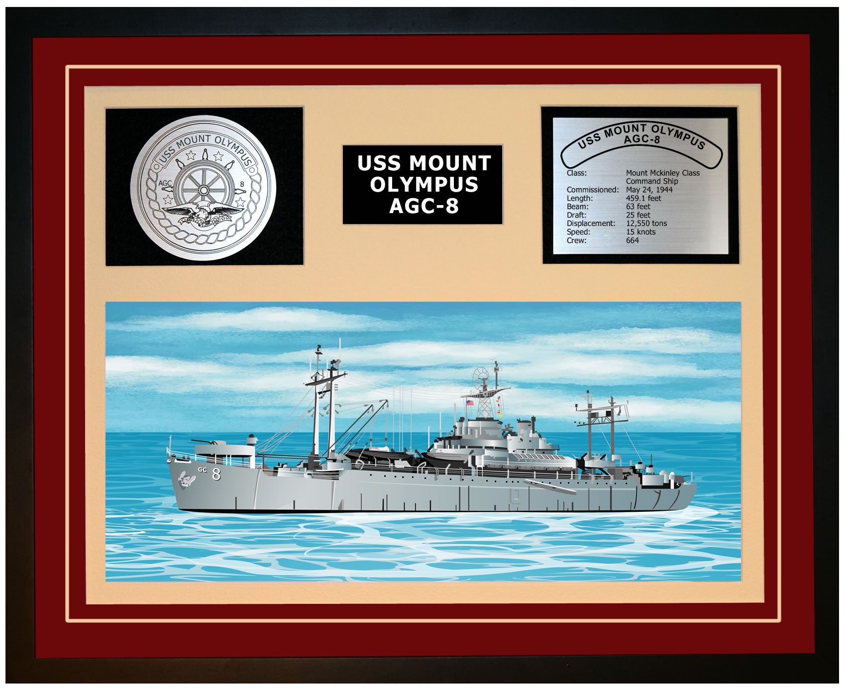 USS MOUNT OLYMPUS AGC-8 Framed Navy Ship Display Burgundy