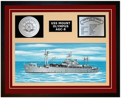 USS MOUNT OLYMPUS AGC-8 Framed Navy Ship Display Burgundy